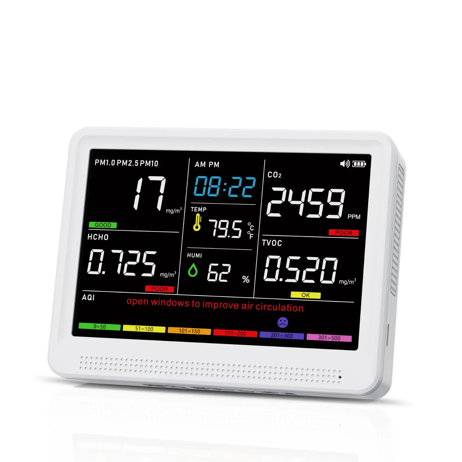 AK35 - Slim Indoor Air Quality Monitor (CO2, TVOC, HCHO, PM1.0, PM2.5, PM10, Temperature, Humidity, AQI), 30mm Profile