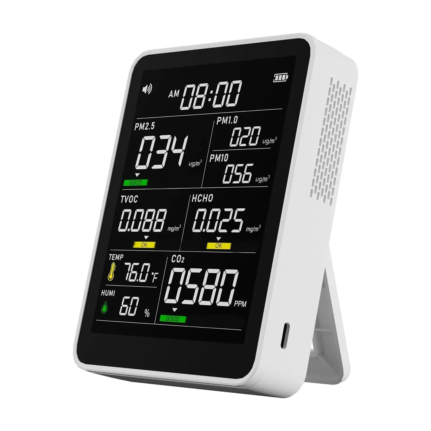 AK16A - Indoor Air Quality Monitor (CO2, TVOC, HCHO, PM1.0, PM2.5, PM10, Temperature, Humidity), Slim Desktop