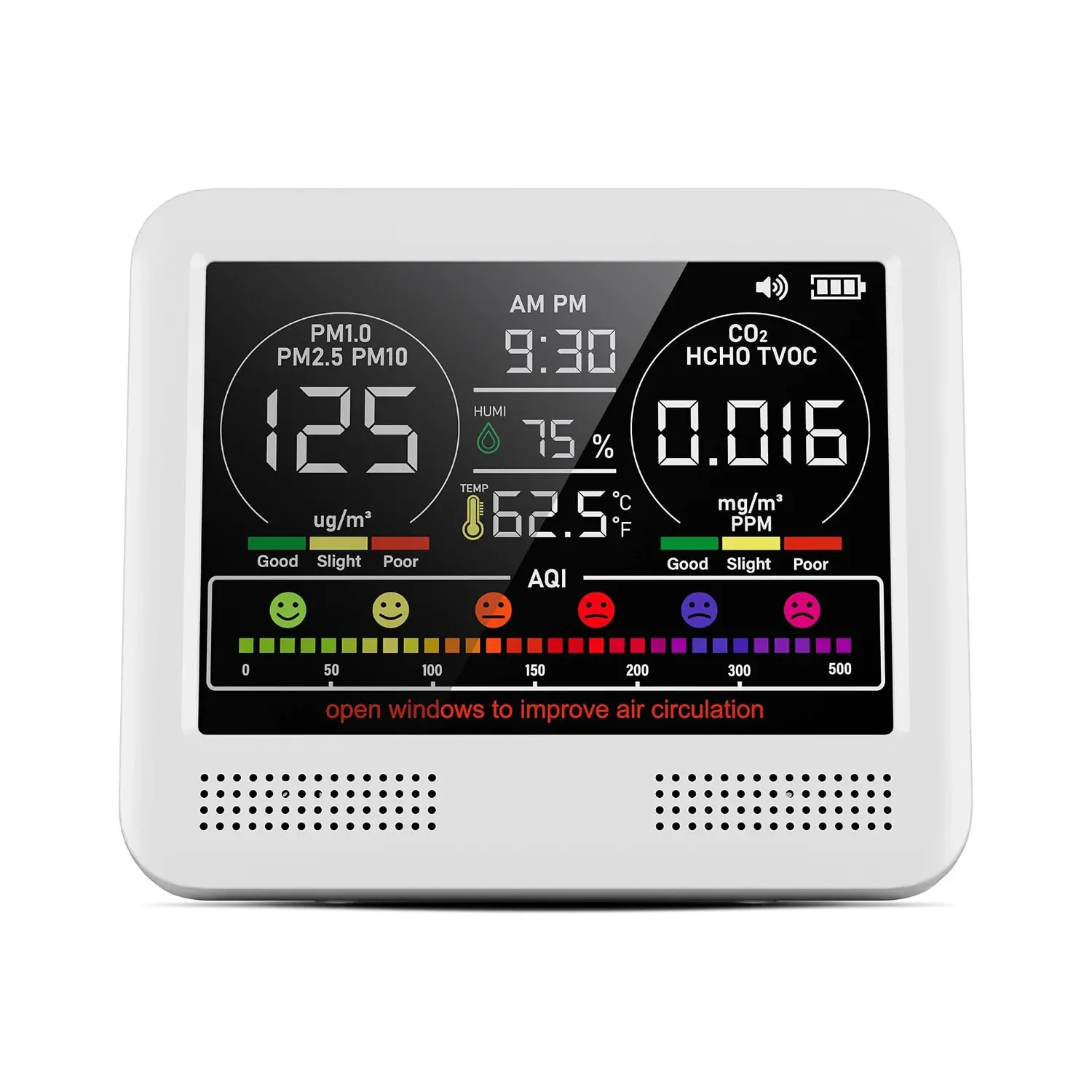 AK23A - Desktop Indoor Air Quality Monitor (CO2, TVOC, HCHO, PM1.0, PM2.5, PM10, Temperature, Humidity, AQI), Twin-Dial Display