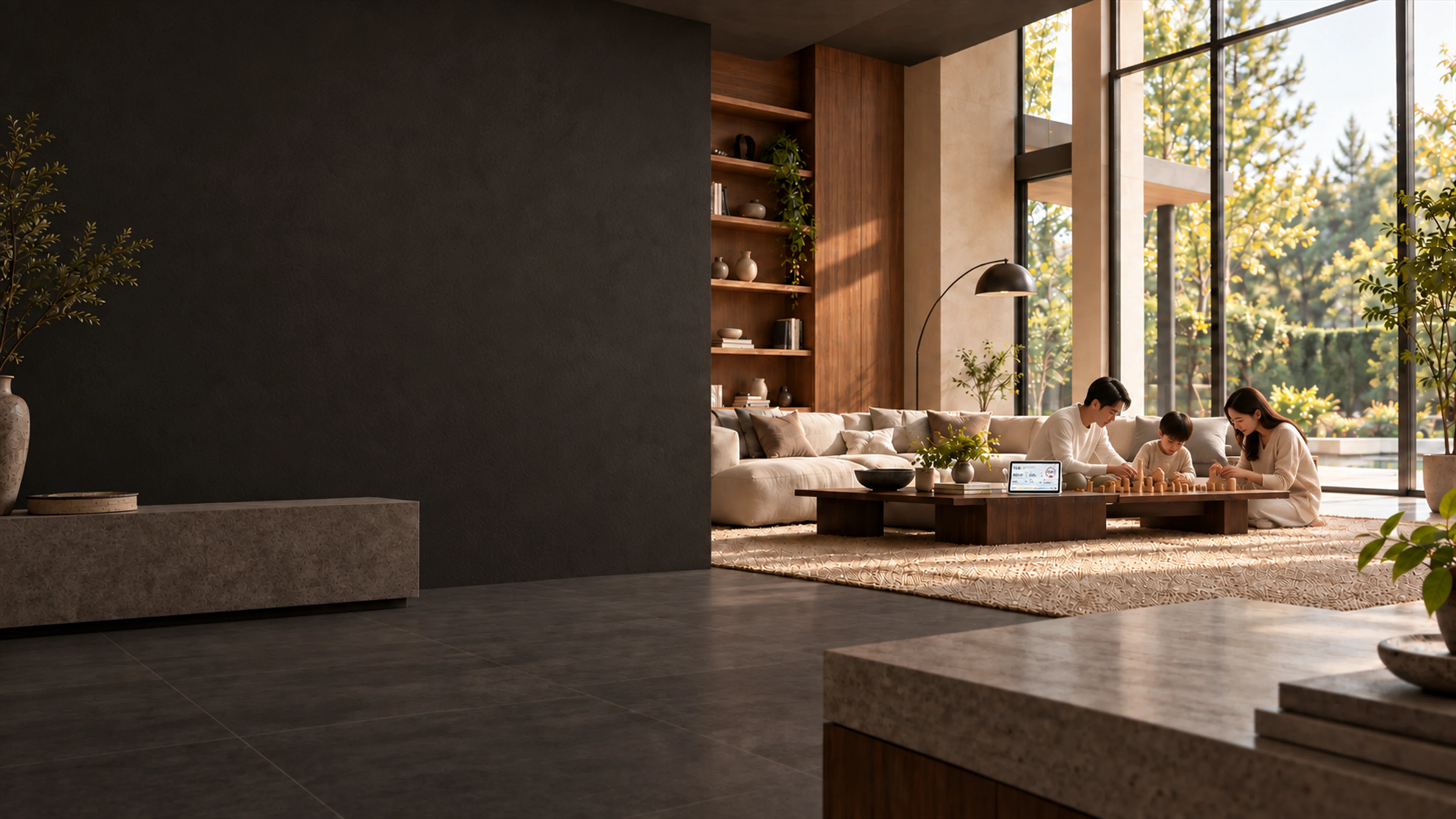 A living-room interior with floor-to-ceiling windows and trees outside. Two adults and a child sit on the floor beside a low wooden table, stacking wooden blocks. A tablet on the table shows an air quality reading. A dark stone wall and a stone bench stand on the left.