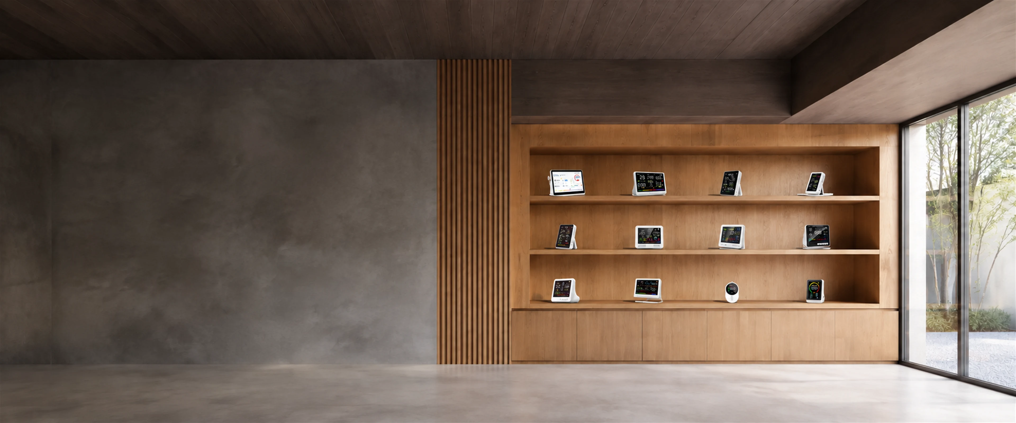 Showroom shelves of AirSonde air quality monitors, lit from above, with closed wooden cabinets below