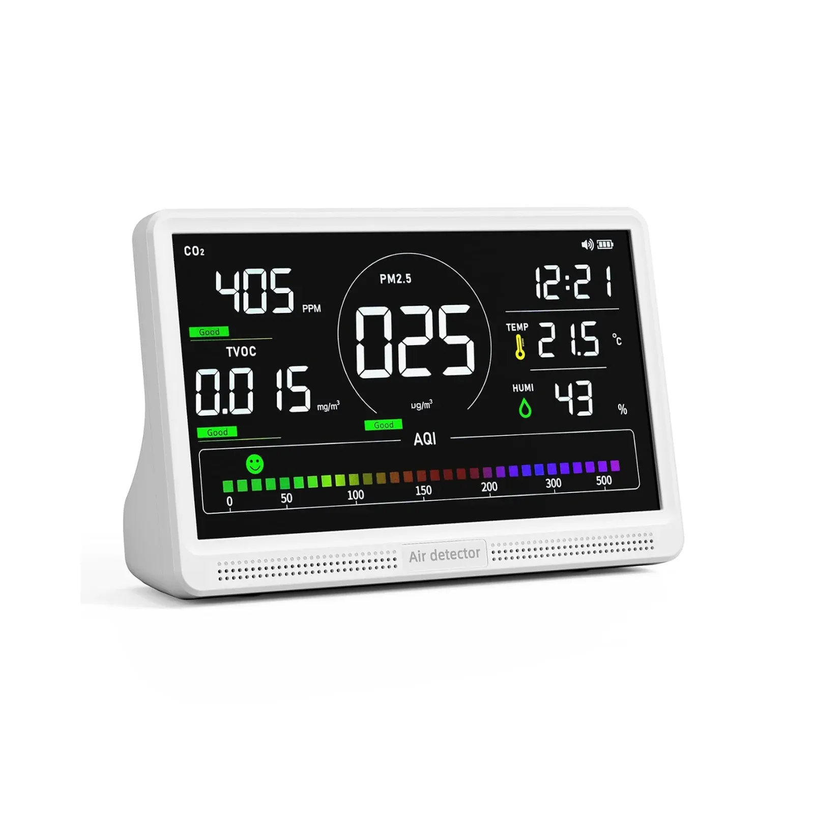 AK22B - Indoor Air Quality Monitor (CO2, TVOC, HCHO, PM1.0, PM2.5, PM10, Temperature, Humidity, AQI), Large Screen, Dial Display