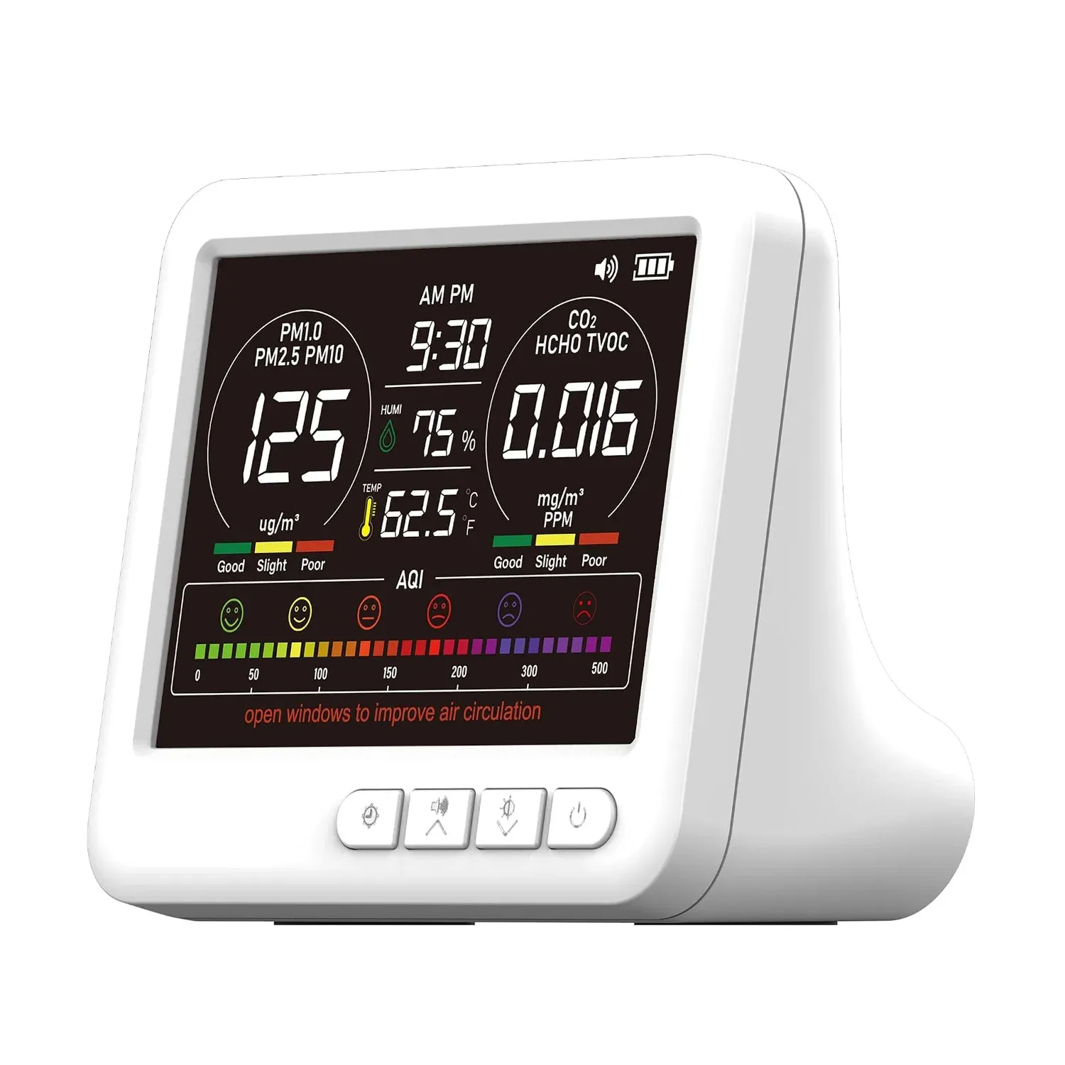 AK28A - Desktop Indoor Air Quality Monitor (CO2, TVOC, HCHO, PM1.0, PM2.5, PM10, Temperature, Humidity, AQI), 4-Button Control, Twin-Dial Display