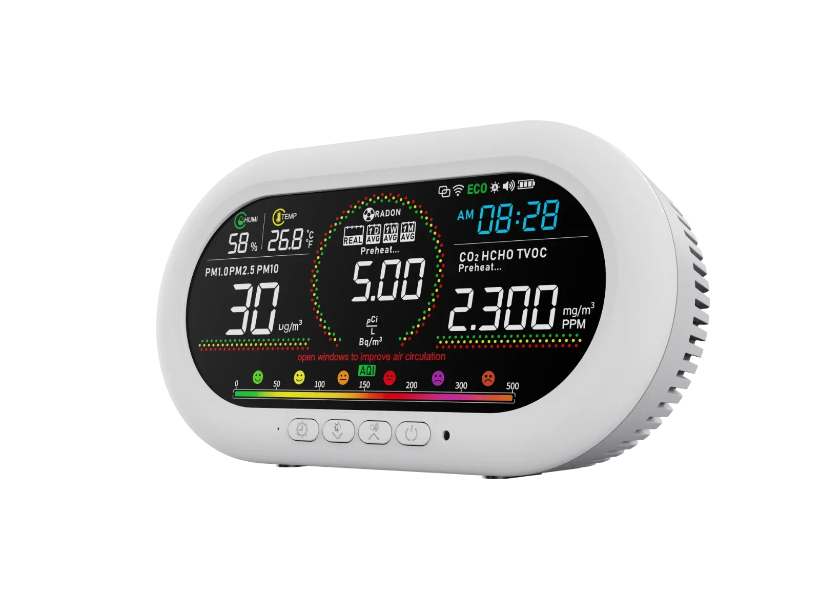 AK29-Battery Powered Radon & Air Quality Monitor (PM, CO2, VOC, HCHO,Humidity, Temp,AQI,Time,Optical Sensing)