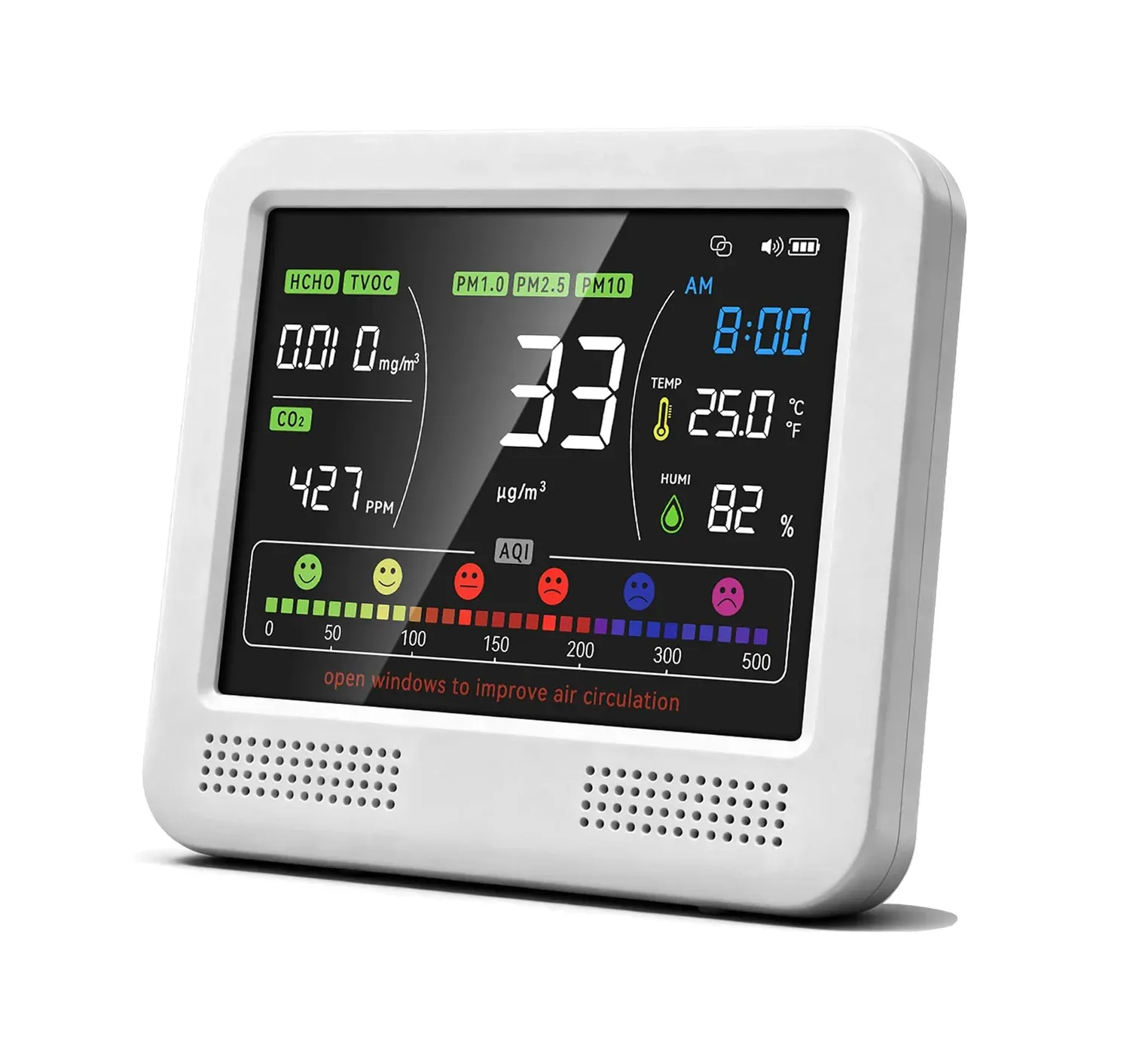 AK23B - Desktop Indoor Air Quality Monitor (CO2, TVOC, HCHO, PM1.0, PM2.5, PM10, Temperature, Humidity, AQI), Big-Digit Display