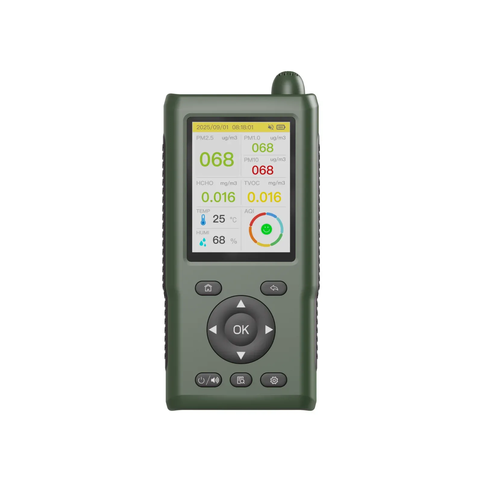 AK33 - Handheld Indoor Air Quality Monitor (CO2, TVOC, HCHO, PM1.0, PM2.5, PM10, Temperature, Humidity, AQI), Data Logging, 173g