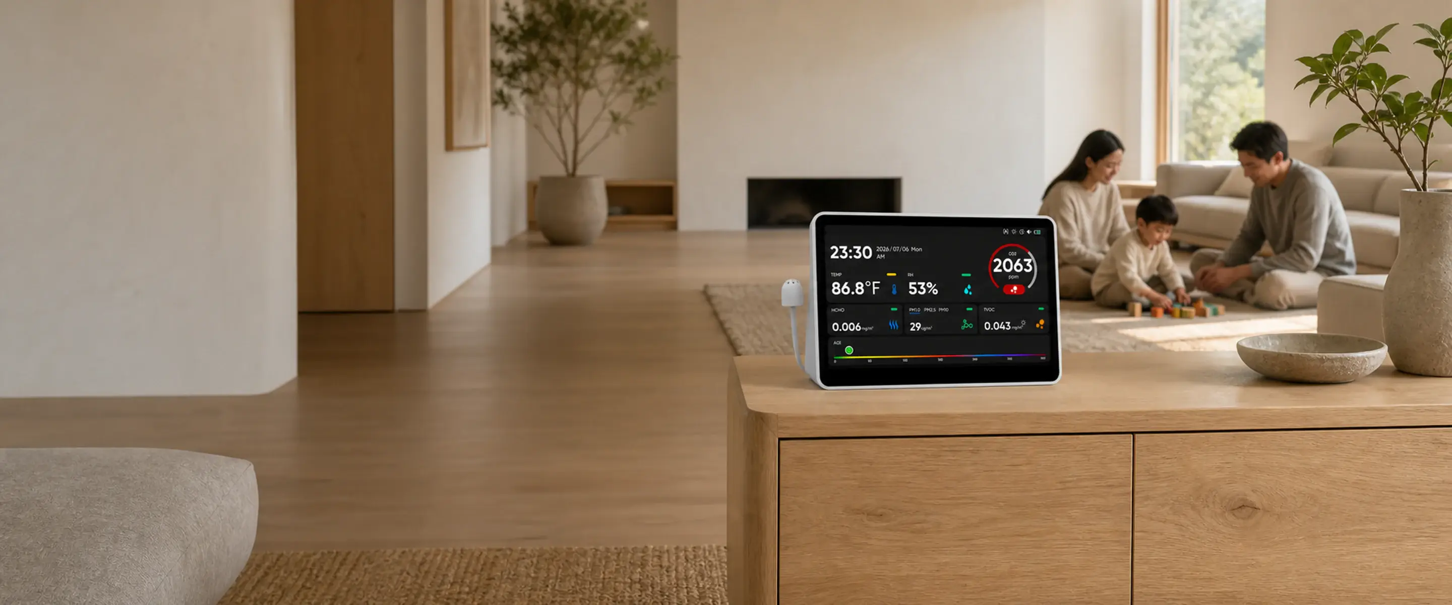 AK34 monitor on a wooden sideboard showing CO2 and comfort readings, with parents and a child playing on the living-room floor behind it