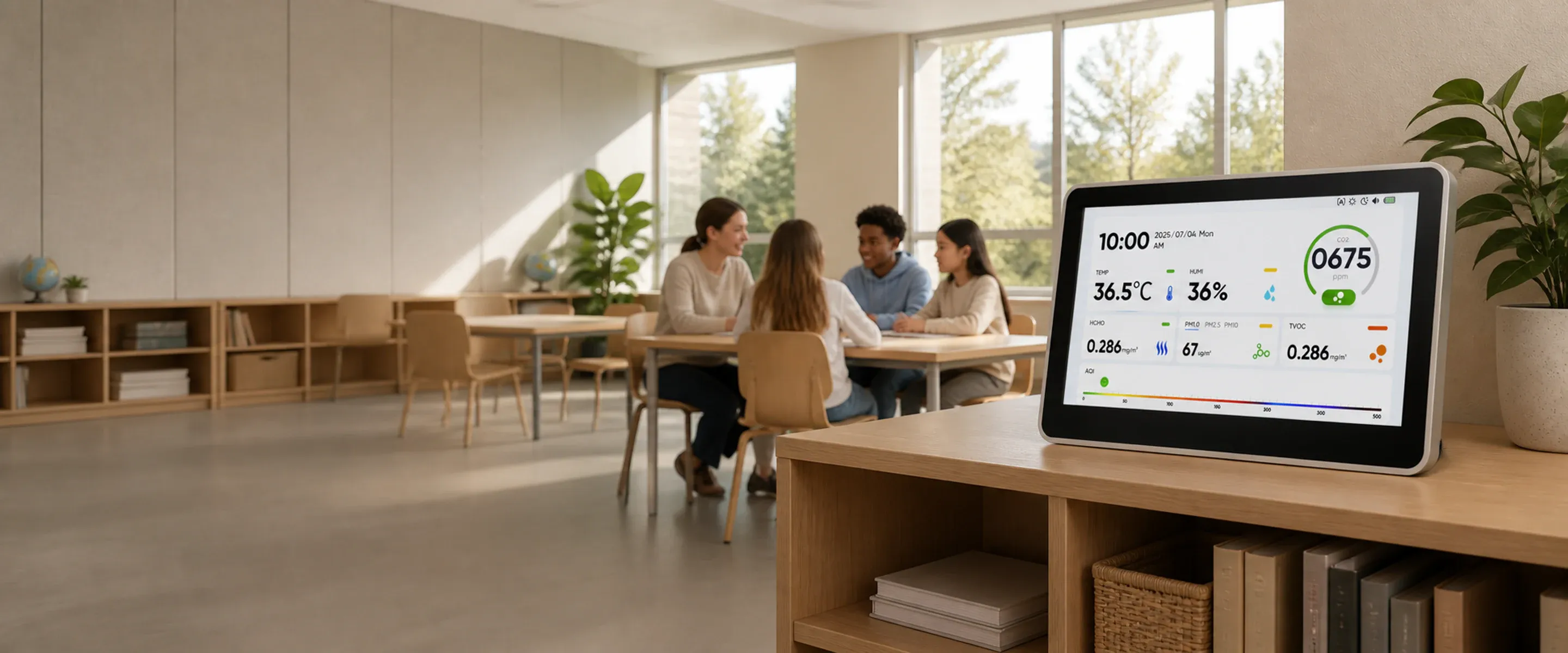 Large-display air quality monitor on a classroom shelf showing CO2 and comfort readings, with students and a teacher talking at a table by the windows