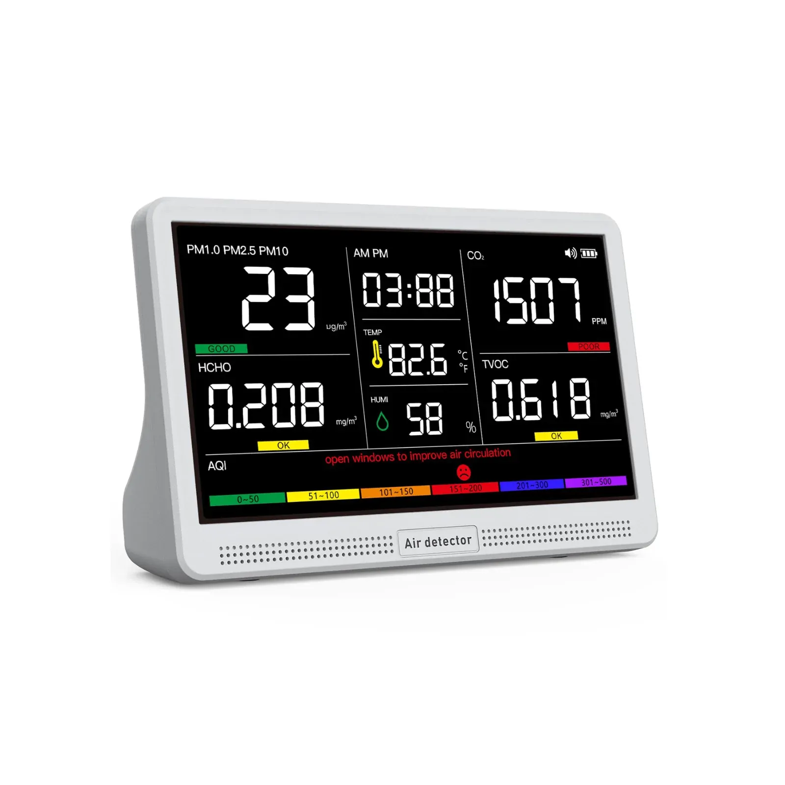 AK22A - Indoor Air Quality Monitor (CO2, TVOC, HCHO, PM1.0, PM2.5, PM10, Temperature, Humidity, AQI), Large Screen, Grid Display